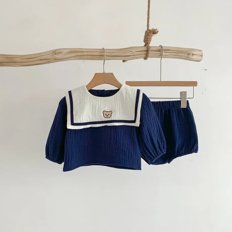リネン生地バイカラーセーターくま刺繍セットアップ(4017)