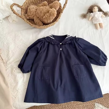 beige/navy セーラーフリル襟ワンピース(1653)