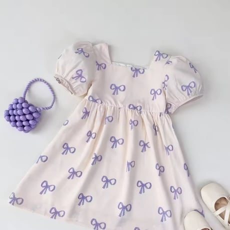 kids red pink/purple blue リボンプリントパフスリーブワンピース(1440)