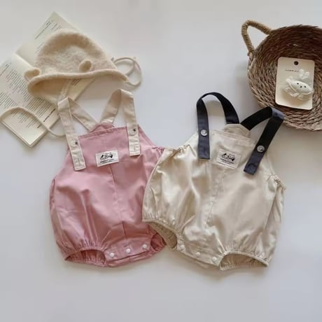 beige/pink バイカラーネコタグサロペット(977)