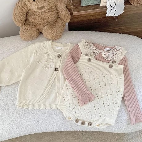 white × olive 透かしニットサロペットorニットカーディガン(3318)