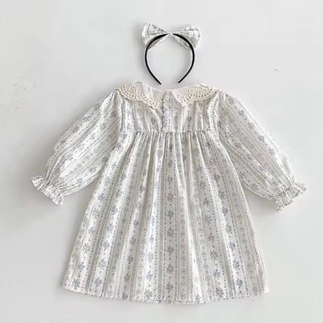 姉妹お揃いコットンレースcollarパールブルーフラワーロンパースorワンピース(962)