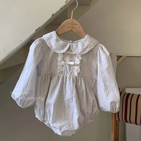 jennybebe 淡色フラワーストライプロンパース(831)