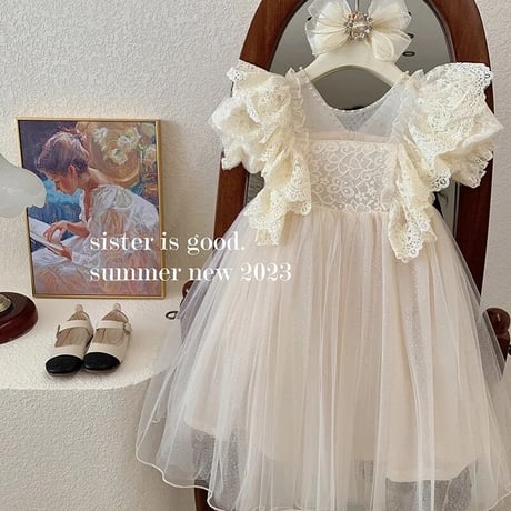 kids 3color ショルダーフリルシフォンチュールパステルドレス(3108)