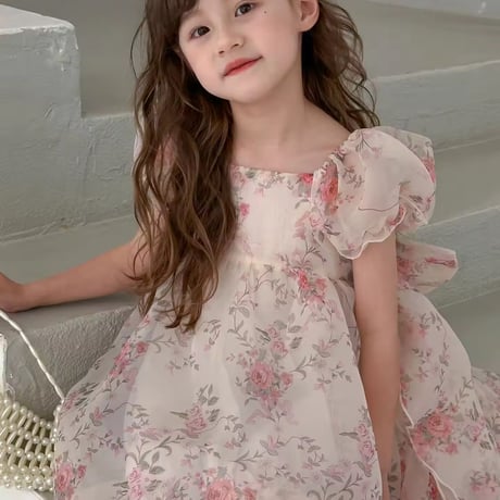 kids アシンメトリーピンクフローラルシフォンドレス(1544)