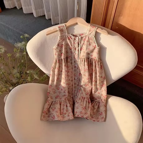 kids ヴィンテージフラワーノースリーブワンピース(1305)