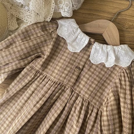 姉妹お揃いbrownチェックスカラップレースロンパースorワンピース(4010)