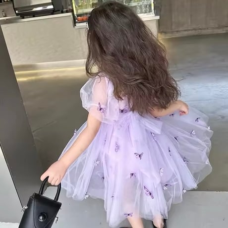 kids purple/green バタフライパフスリーブチュールドレス(838)