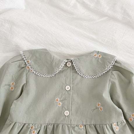 姉妹お揃いミントマーガレット刺繍ロンパースorワンピース(726)