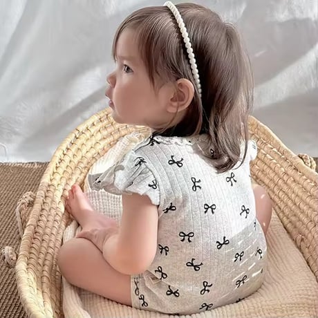 BabyGirl モノトーンリボンプリントリブロンパース(2153)