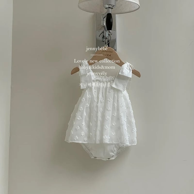jennybebe ママとお揃い 親子コーデ ノースリーブワンピース ロンパース jennybebe ママとお揃いスノーフラワーぽこぽこ肩リボンロンパースor