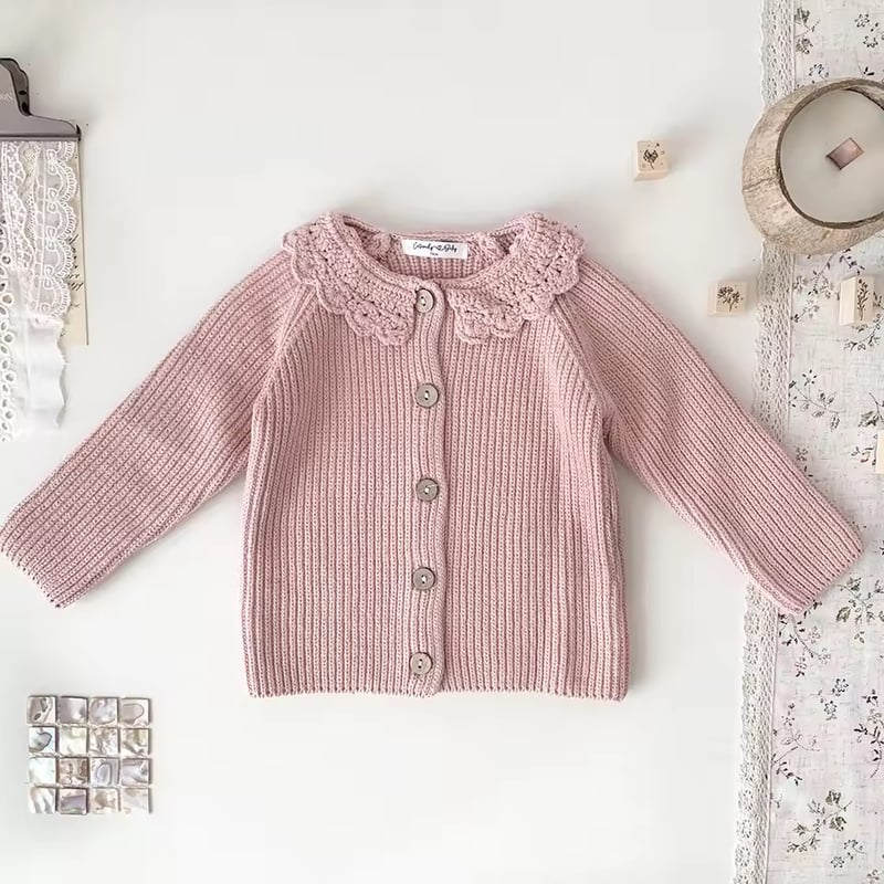 SPELL♢ニットカーディガン♢mix pink white/pink かぎ針編み襟ニットカーディガン(2021) | こどもふく