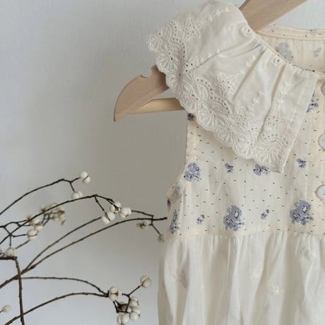 ブルーフラワーlace collar 切替ロンパース(4113)