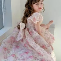 kids アシンメトリーピンクフローラルシフォンドレス(1544)