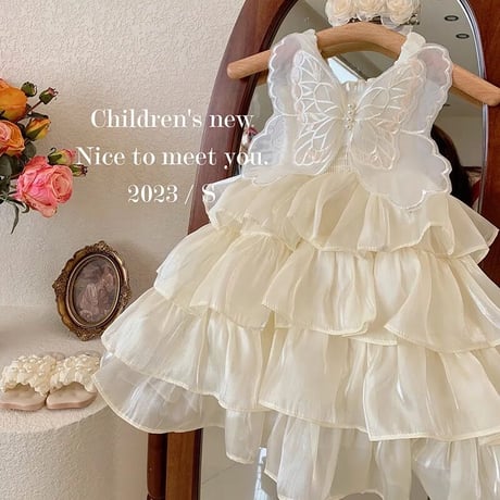 kids 4color シャーリングtripleサテンチュールバタフライドレス(3232)