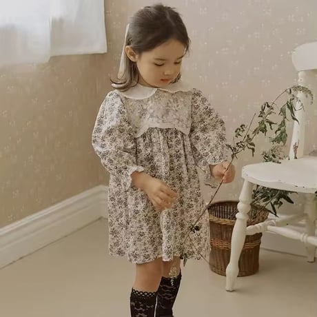 kids black/beigeフローラルフロントレースワンピース(1722)