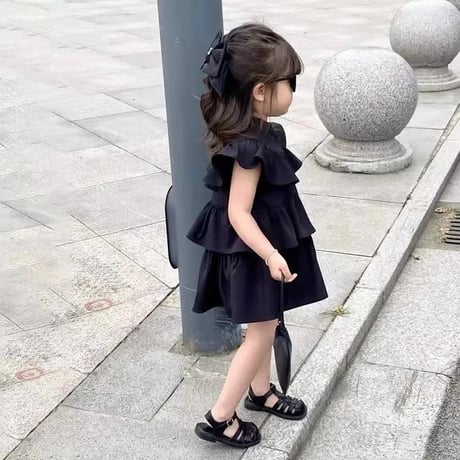kids ブラックティアードフリルトリプルワンピース(3051)