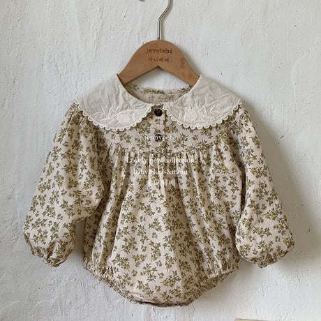 jennybebe ヴィンテージフラワーコットンレース襟ロンパース(3248)