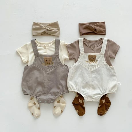 半袖リブトップス×くまワッペンサロペット(3037)
