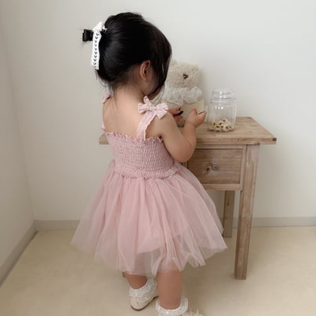 即納あり◆ivory/pink コットンリボンシャーリングチュールロンパース(1233)