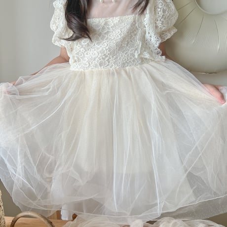 kids 3color ショルダーフリルシフォンチュールパステルドレス(3108)