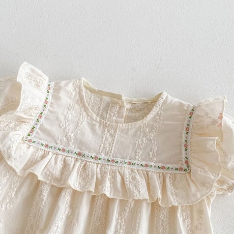 スクエア小花柄フリル刺繍レースロンパース(4090)