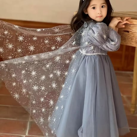 kids snow flake cape winterブループリンセスドレス(777)