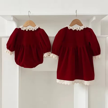 Xmasレッド姉妹お揃いレース襟ベルベットロンパースorワンピース(1035)