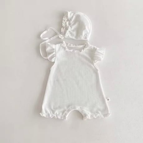 即納あり◆2color ボンネットsetワッフルpetit frillロンパース(4081)