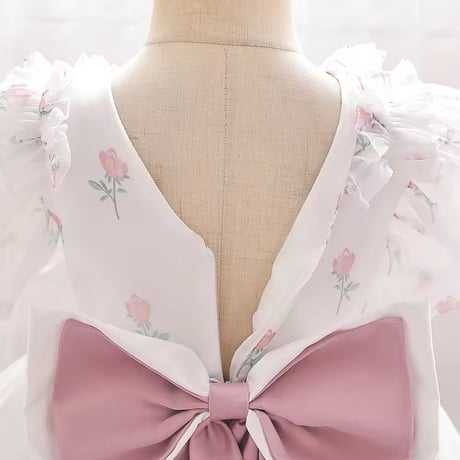 white spring flower pink blueベビードレス(824)