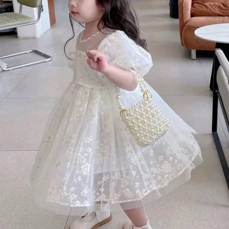 kids white gardenパフスリーブドレス(4110)
