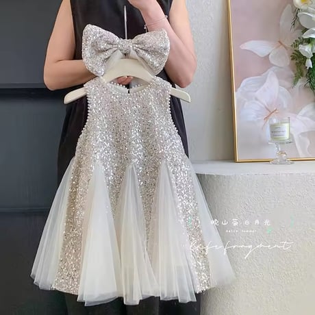 kids champagneノースリーブスパンコールAラインチュールデザインドレス(2103)
