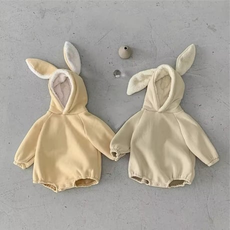 beige/yellow フリースあったかうさ耳ロンパース(820)