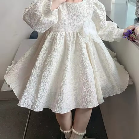 kids backビッグリボンシワ加工ホワイトワンピース(817)