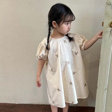 kids bunny刺繍パフスリーブワンピース(3022)