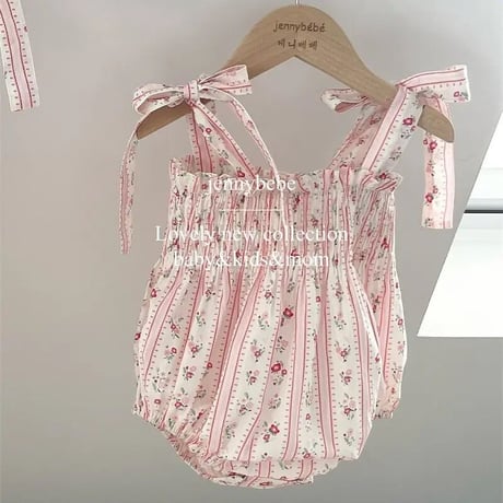 jennybebe ショルダーリボンストライプフローラルロンパースorワンピース(3107)