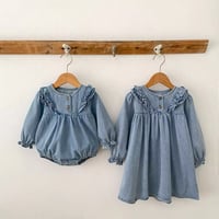 姉妹お揃いデニムショルダーフリルロンパースopワンピース(710)