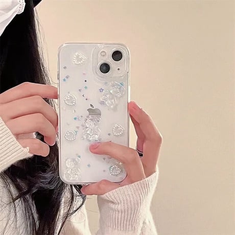 3Dクリスタルくま×パールハート×スパンコールクリアiPhoneケース(295)