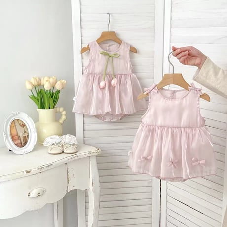 tulip/ribbon サテンピンクチュールスカートロンパース(1239)