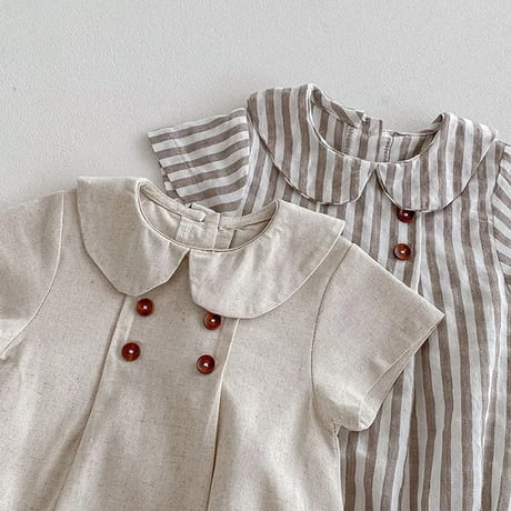 linen / stripeシンプルボタンロンパース(4144)