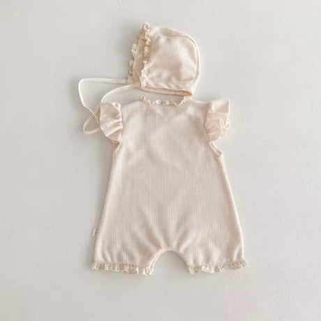即納あり◆2color ボンネットsetワッフルpetit frillロンパース(4081)