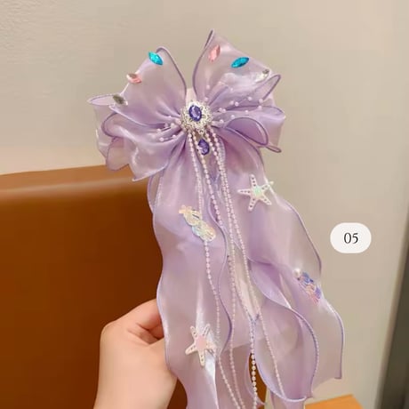 6color キラキラパーツリボンチュールヘアクリップ(930)
