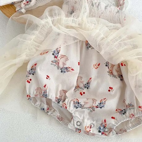 ヘアバンド付きbackバタフライうさぎ柄チュールドレスロンパースorワンピース(3067)