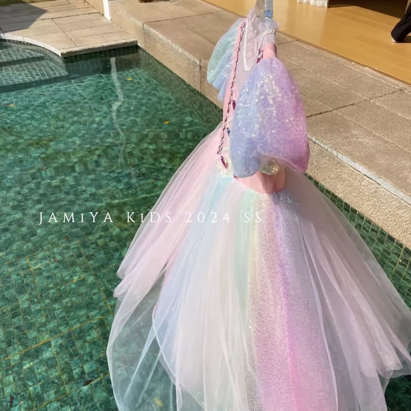 kids カラフルハートストーンレインボースパンコールプリンセスドレス