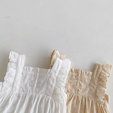 white×apricot ノースリーブコットンレースsummerロンパース(1121)