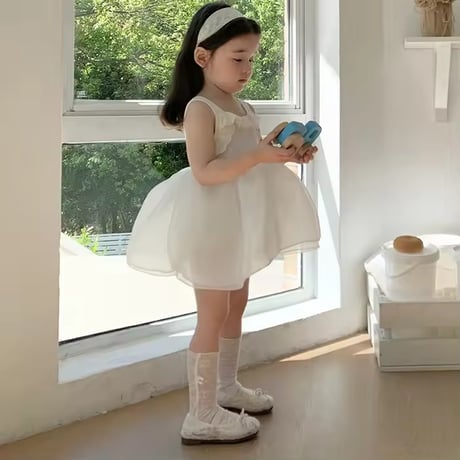 white/black 姉妹お揃いノースリーブコットンフリルシフォンワンピースorワンピース(1404)
