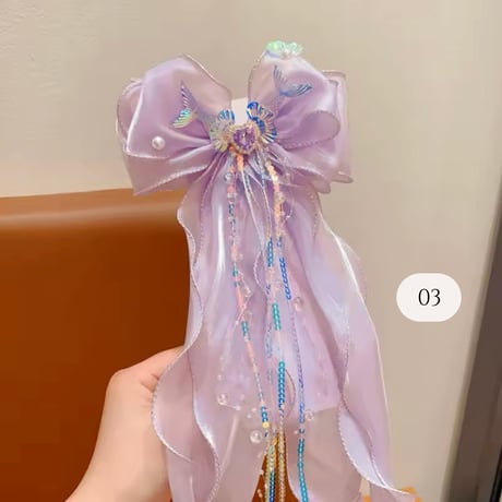 6color キラキラパーツリボンチュールヘアクリップ(930)