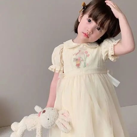 リトルマウス刺繍チュールアプリコット半袖or長袖ワンピース(3066)