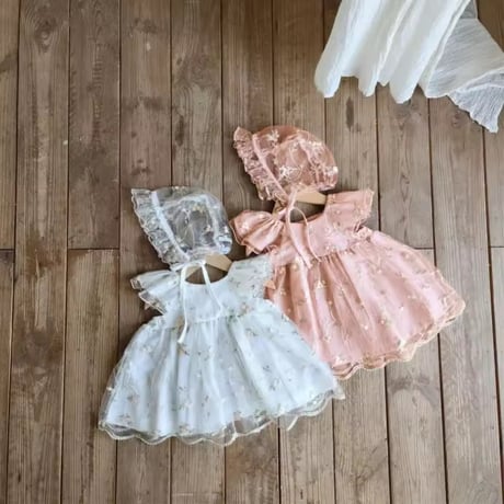 white/pink エンブロイダリーレースラッフルスリーブドレス(998)