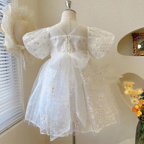 kids white gardenパフスリーブドレス(4110)